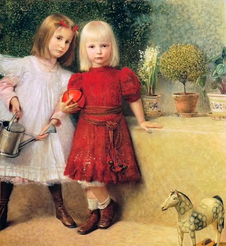 Painting of two young girls indoors, one holding a watering can and one in a red dress by potted plants