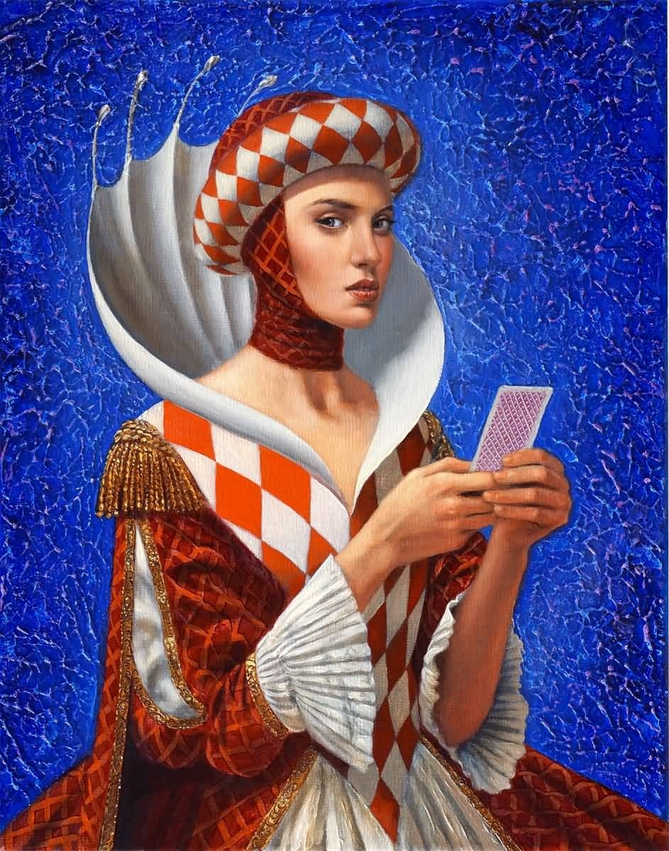Painting of a woman in diamond-patterned royal costume holding a playing card on a blue background
