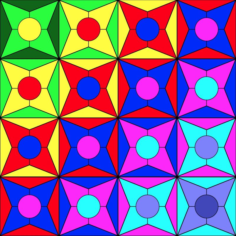Colorful geometric grid pattern with four-pointed stars and circles in bright, contrasting colors