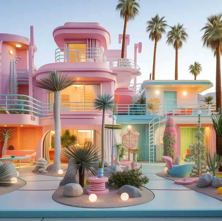 Pastel futuristic homes with palm trees, desert plants, and glowing lights in a surreal courtyard