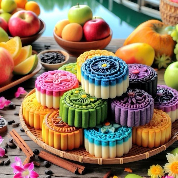 Colorful mooncakes arranged on a tray with fruit and flowers on a wooden table