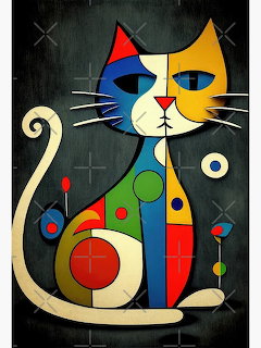 Abstract cubist-style painting of a colorful cat with geometric shapes on a dark background