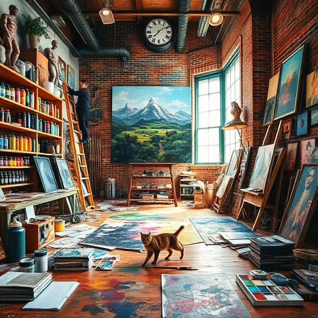 Cat walking through a cozy brick art studio with paintings, shelves, and a mountain landscape canvas