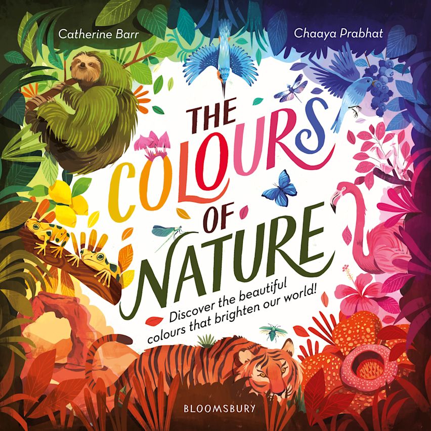 Colorful nature book cover with illustrated animals and plants in rainbow arrangement