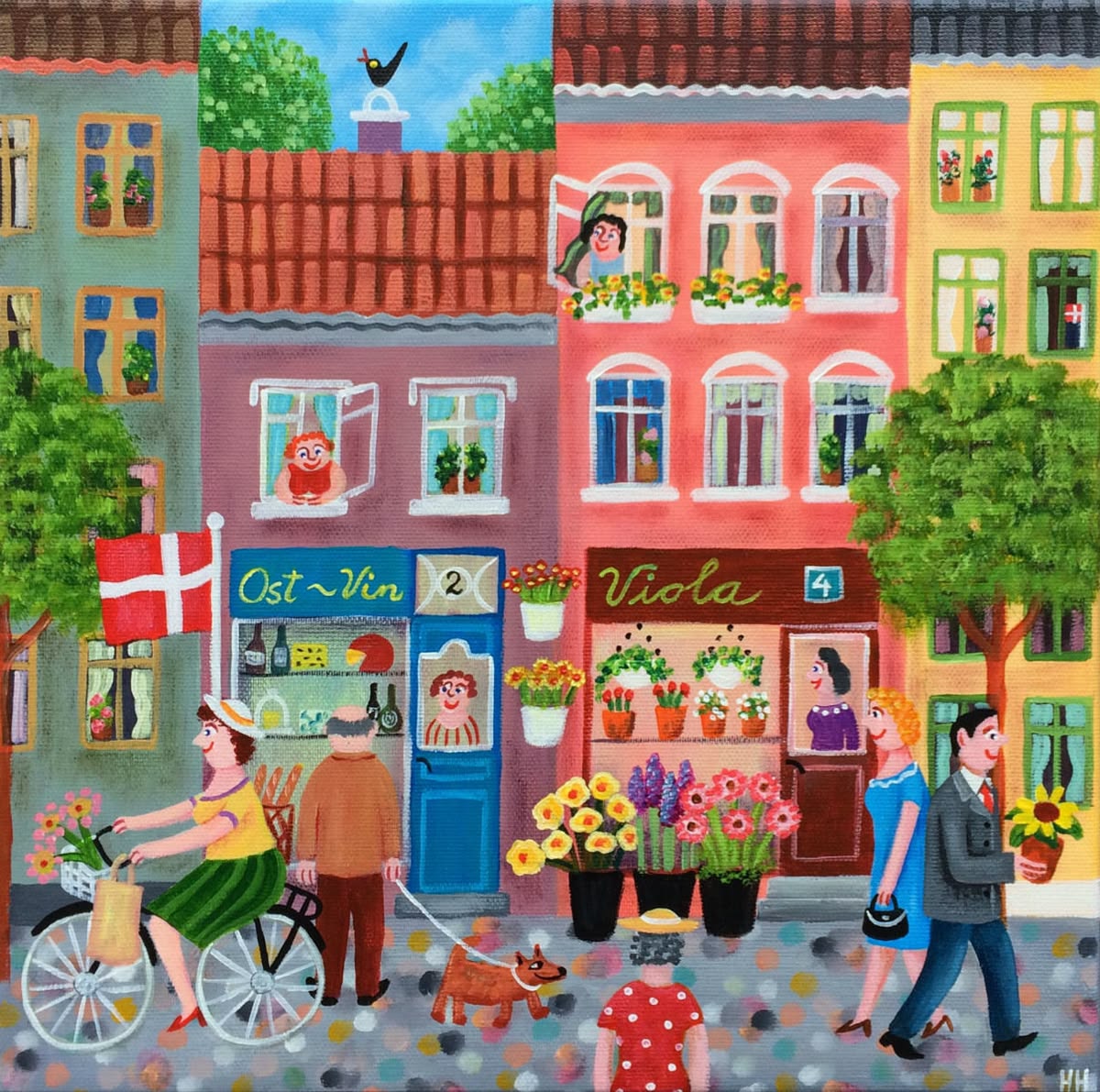 Colorful illustrated street with townhouses, flowers, pedestrians, and a woman riding a bicycle