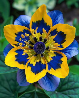 Close-up of a blue and yellow pansy flower with detailed petal patterns and dark center against green leaves