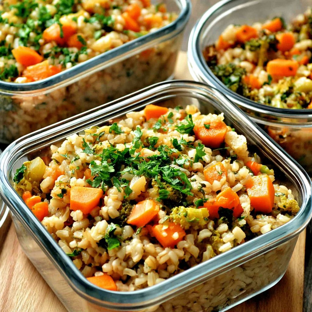 Glass containers of barley mixed with carrots, broccoli, and herbs on a wooden surface