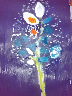 Painting of stylized white, orange, and blue flowers on a purple background