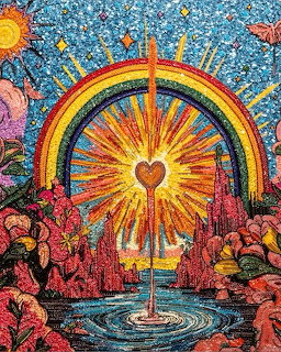 Psychedelic illustration with rainbow, radiating sun, heart center, and detailed cosmic landscape in vivid colors