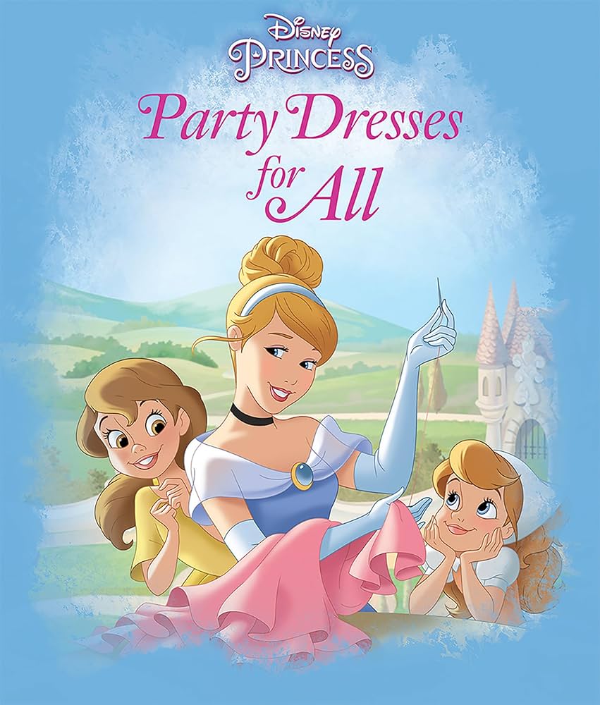 Three Disney princesses in colorful party dresses with castle background