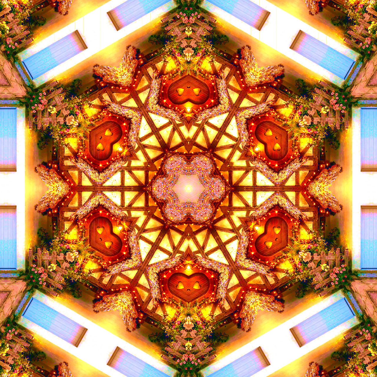 Symmetrical kaleidoscope mandala with orange and gold fractal patterns in star formation