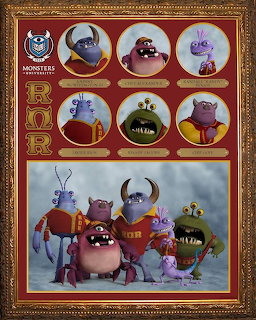 Monsters University ROR fraternity poster with six character portraits and a group photo of monster characters