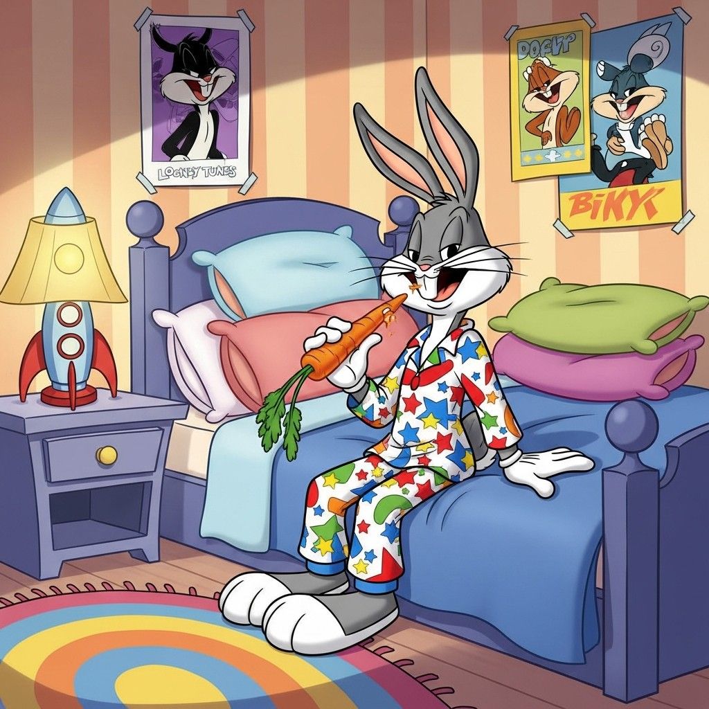 Bugs Bunny cartoon character in checkered pajamas standing in a colorful bedroom with toys and posters