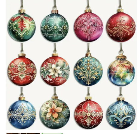 Grid of twelve decorative Christmas ball ornaments with intricate gold patterns in various colors