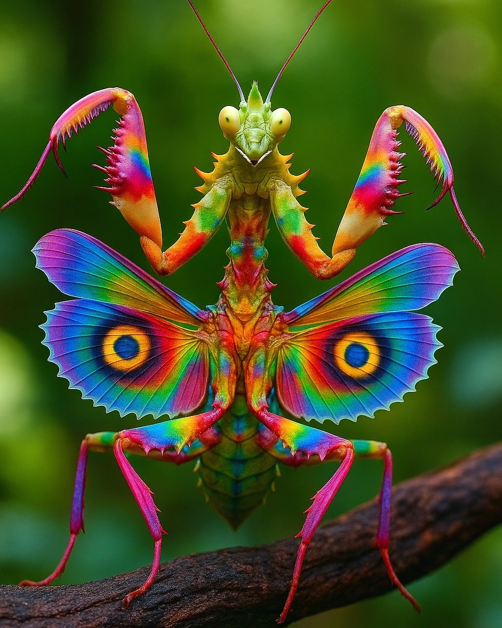 Colorful praying mantis with iridescent rainbow wings and peacock eyespots on branch