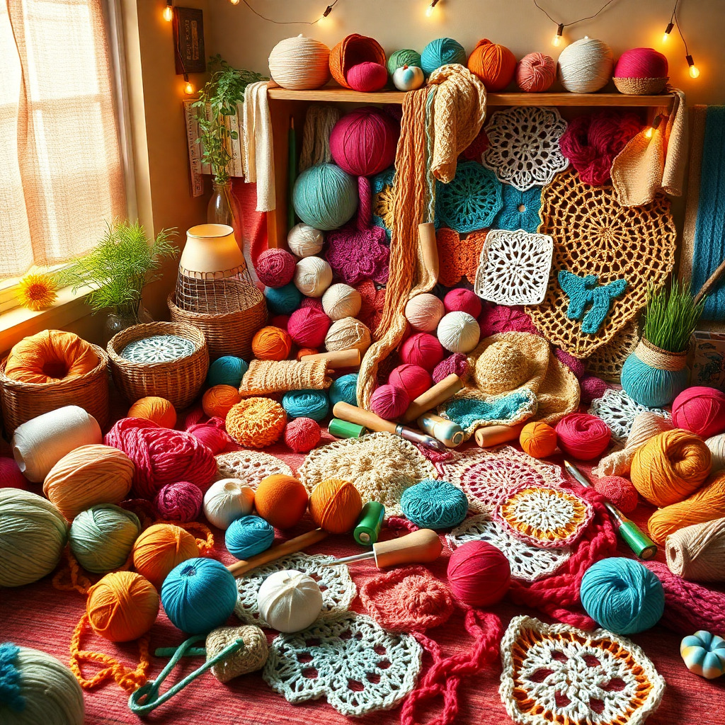 Colorful yarn balls and crochet doilies overflowing from wooden storage cabinet