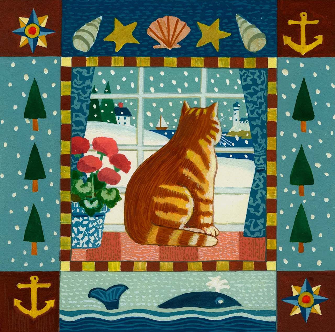 Folk Art Cat Winter Scene