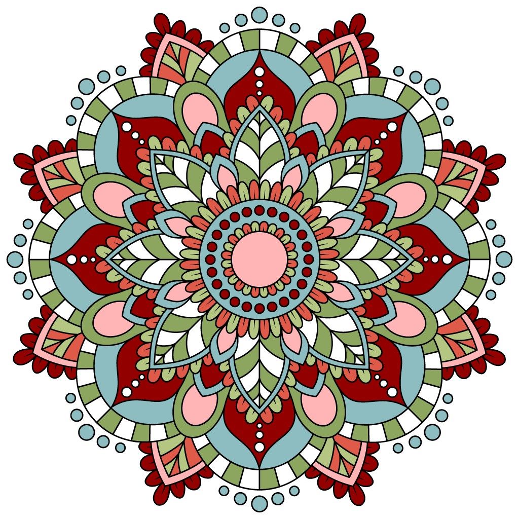 Symmetrical mandala with red, pink, and mint geometric patterns on white background