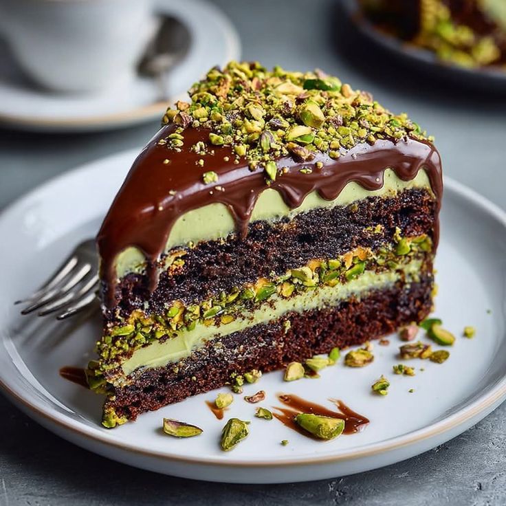 Slice of chocolate pistachio cake with cream layers, ganache topping, and crushed pistachios on a plate