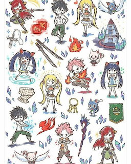 Chibi drawings of Fairy Tail anime characters with guild symbols and ice crystals on white background