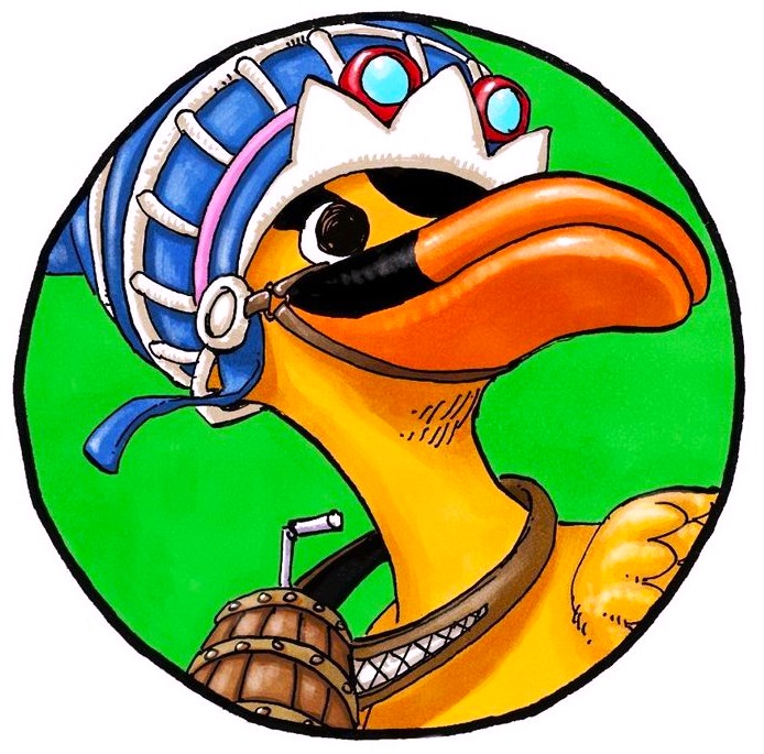Yellow cartoon duck character wearing blue striped hat with orange beak on green background