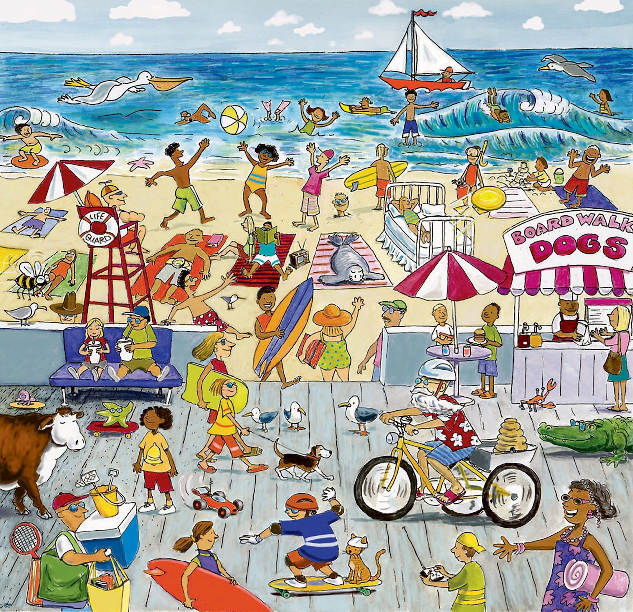 Cartoon beach scene with many dogs and people playing, swimming, and relaxing under umbrellas and tents