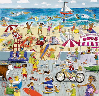 Busy Beach Scene with Dogs