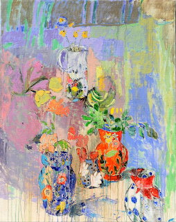 Impressionist painting of decorative Chinese vases with flowers in vivid colors on a table