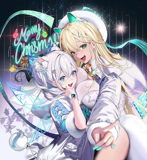 Two blonde anime girls in white Christmas outfits with festive decorations and neon Merry Christmas sign