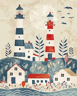 Illustration of two lighthouses over a small coastal village with white houses, trees, and birds