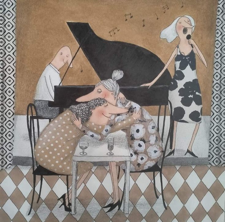 Stylized painting of a woman singing beside a grand piano with seated figures at a table