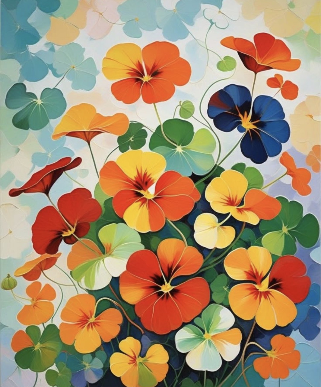 Colorful stylized flowers with orange, yellow, blue, and green petals on a soft pastel background