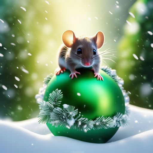 Mouse sitting on top of a green Christmas ball ornament surrounded by snow and festive lights