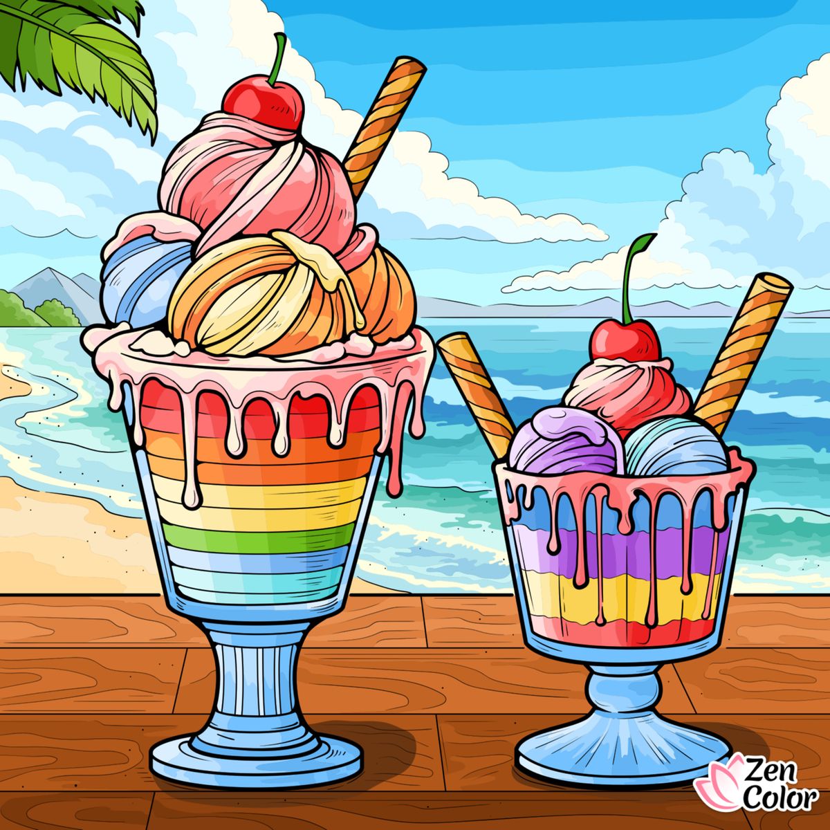Illustration of two colorful ice cream sundaes with cherries and wafers on beach setting