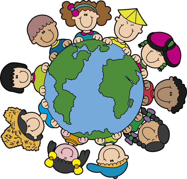 Cartoon children surrounding and holding a globe on a white background