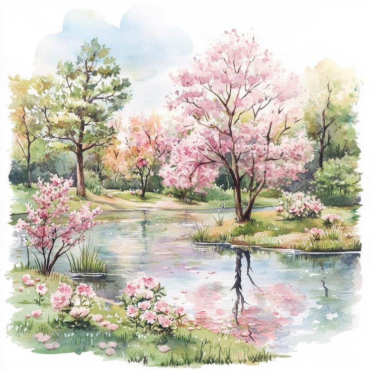 Watercolor painting of pink blossom trees and flowering shrubs around a calm pond