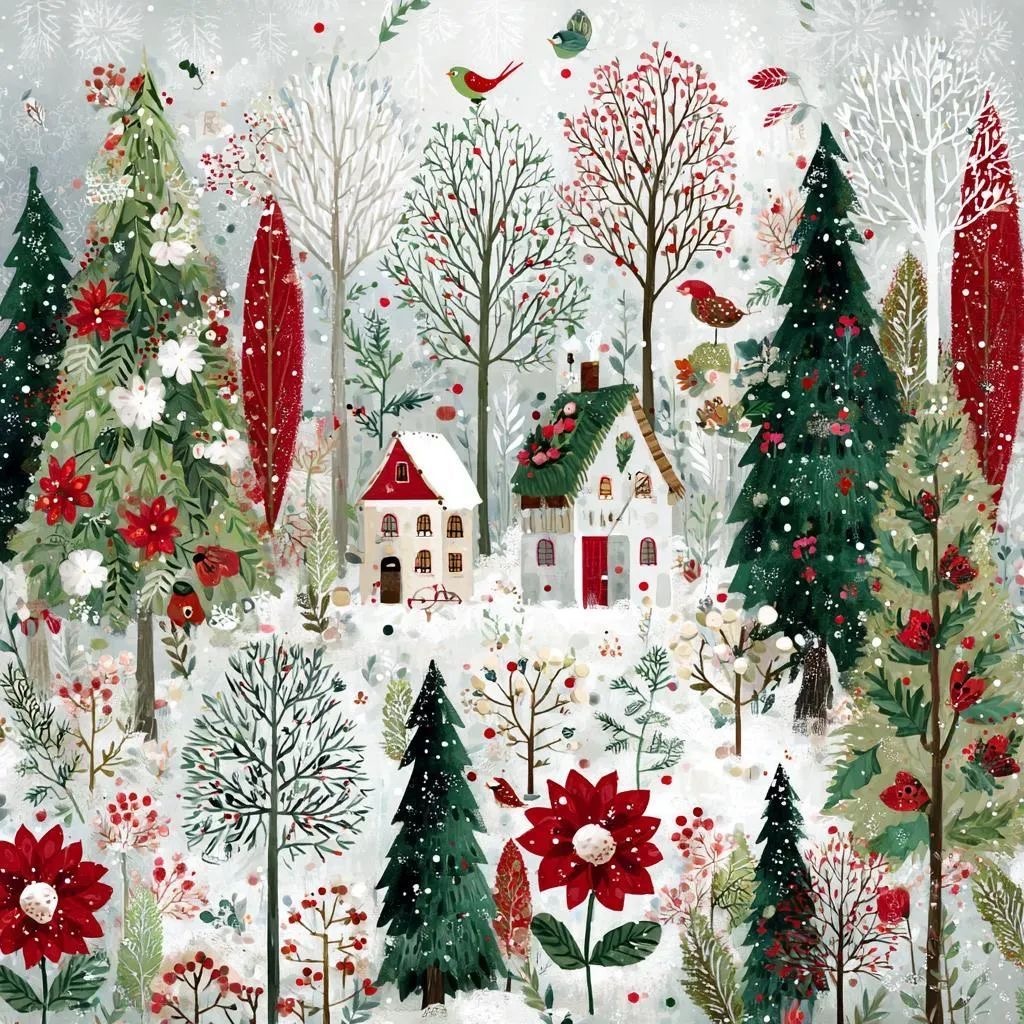 Illustrated snowy village with houses, evergreen trees, birds, and red flowers on a white background
