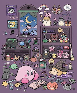 Cute cartoon illustration of Kirby in a purple room with shelves of collectibles and kawaii items