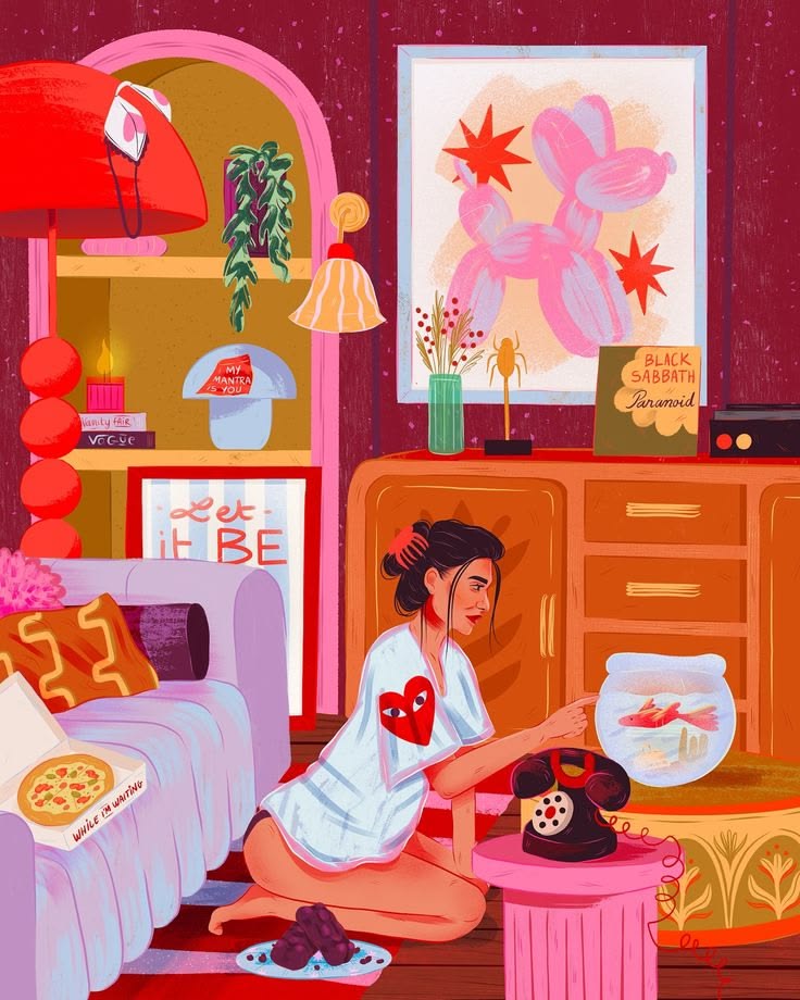 Illustrated woman in white shirt reaching toward a goldfish bowl in a vibrant retro-styled living room