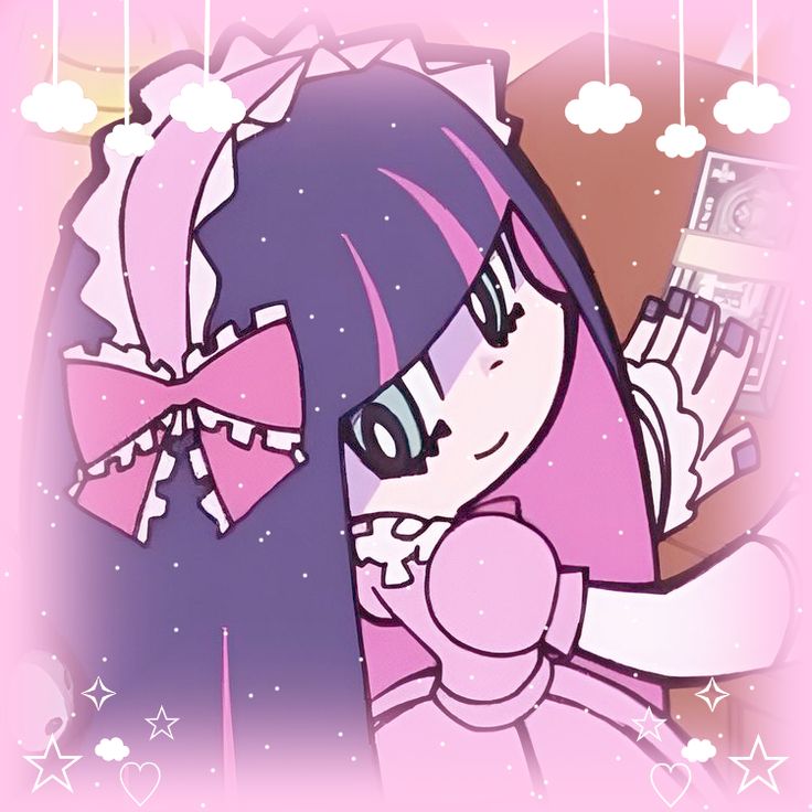 Anime girl with long purple and pink hair, bow, and frilly outfit against a pink background