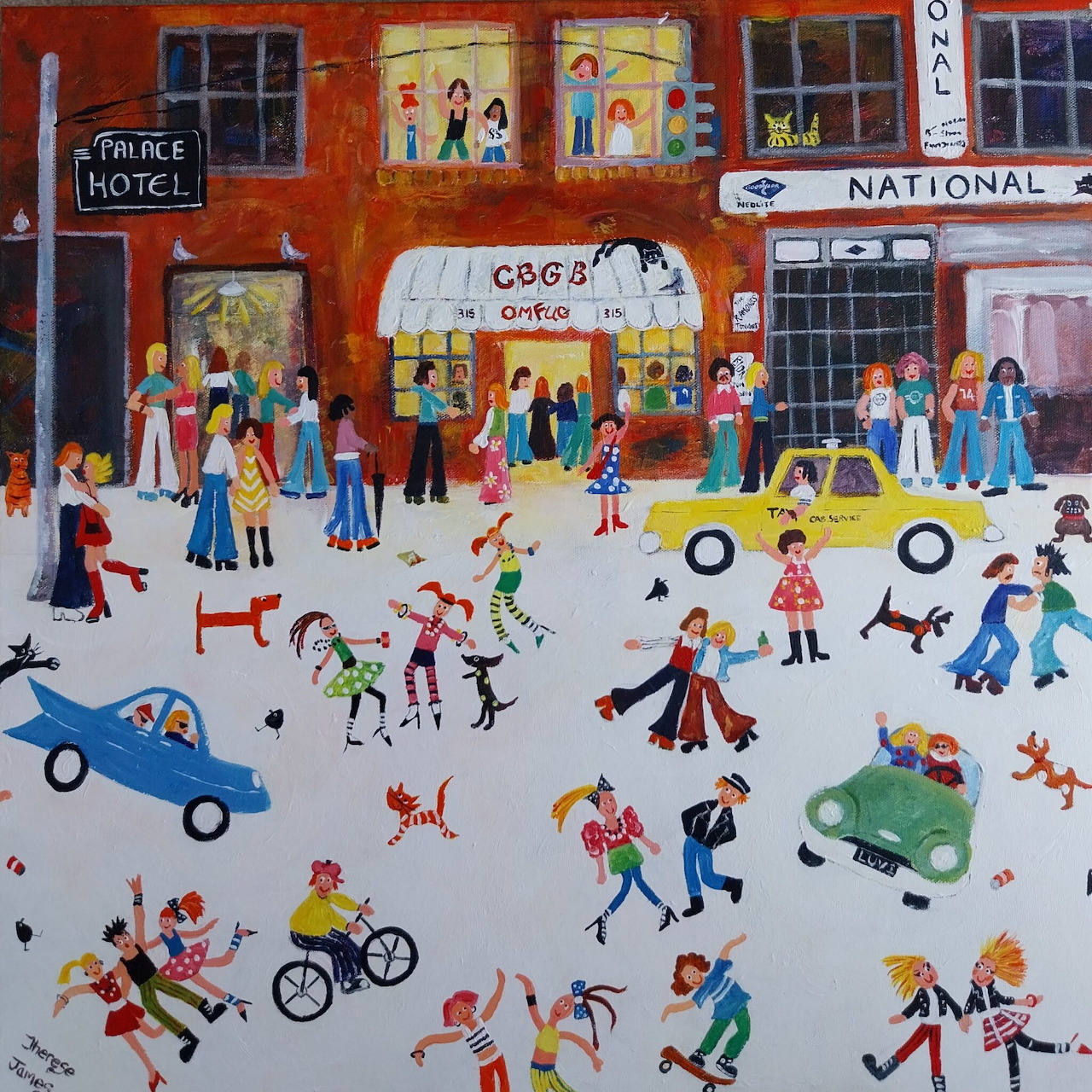 Colorful naive art street scene with people, cars, shops, and playful figures on a snowy city block