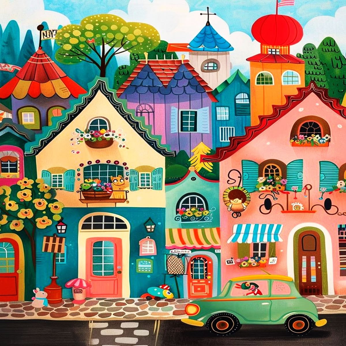 Colorful illustrated village scene with whimsical houses, vintage car, flowers, and blue sky