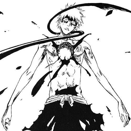 Anime character Ichigo with spiky hair in black and white, surrounded by flowing ribbons and energy effects