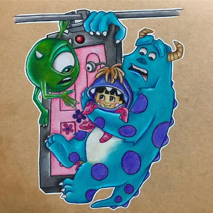 Illustration of Sulley, Mike, Boo, and a pink door from Monsters Inc on a beige background
