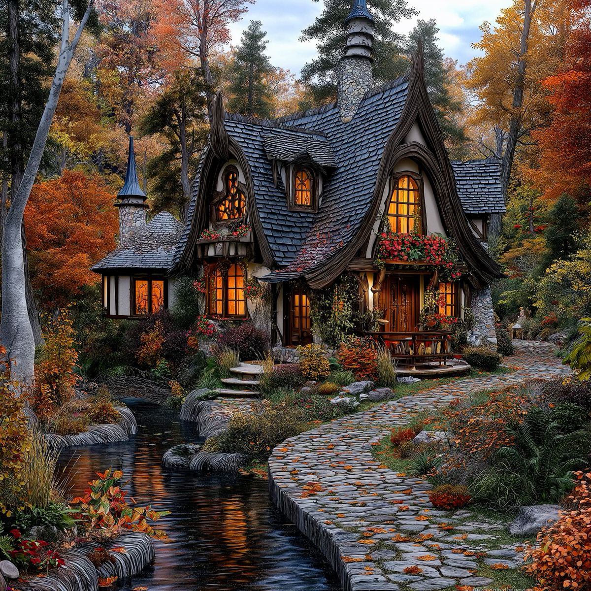Storybook Cottage in Autumn Forest
