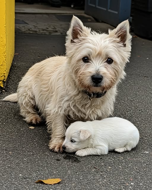 Adult West Highland White Terrier sitting next to a small white puppy on pavement