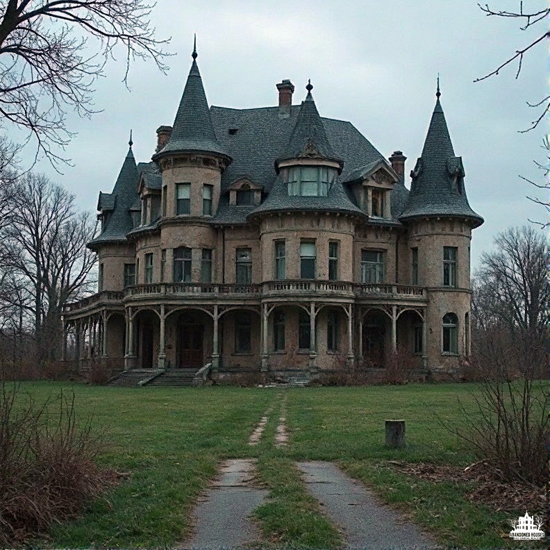Abandoned Victorian mansion with multiple turrets and deteriorating facade surrounded by bare winter trees