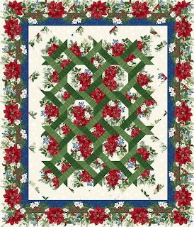 Christmas quilt with red poinsettias in diagonal green lattice pattern and holly border