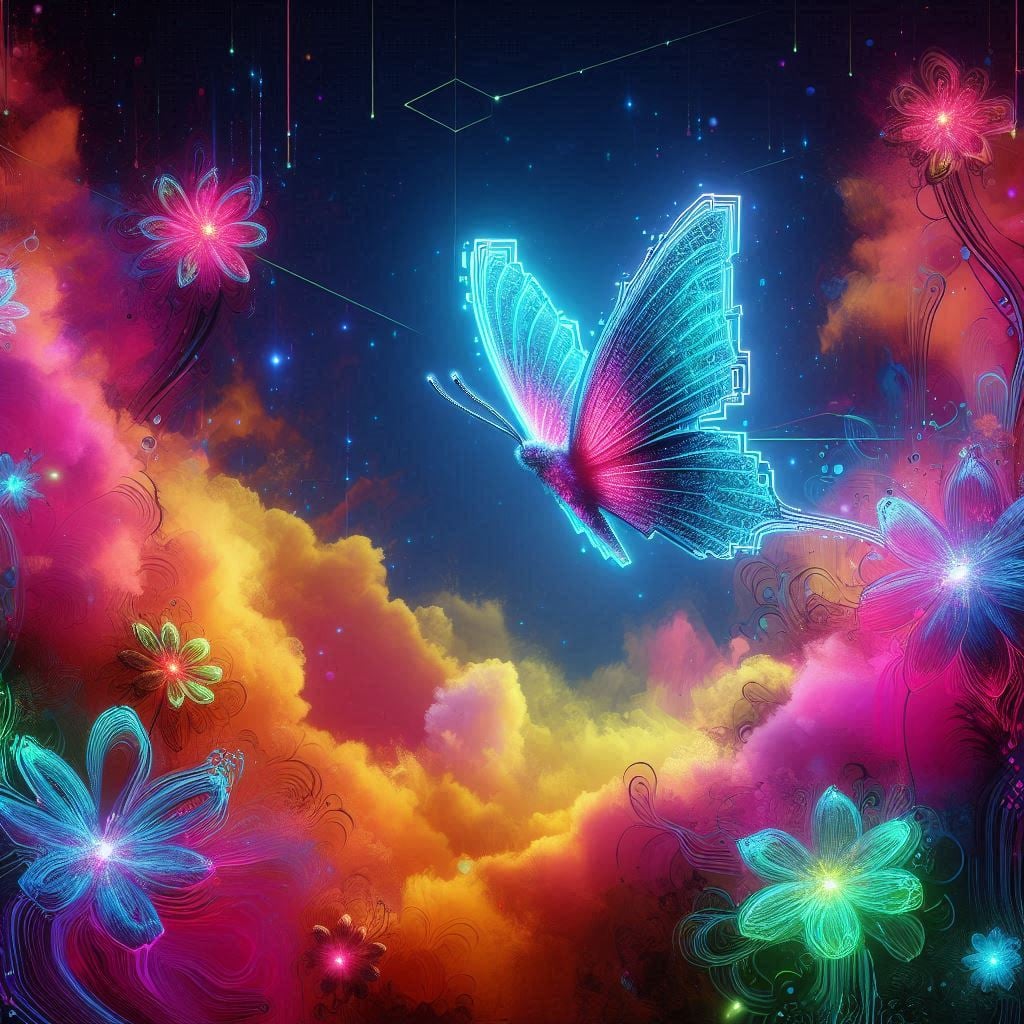 Glowing neon butterfly with pink and cyan wings surrounded by colorful flowers and nebula clouds