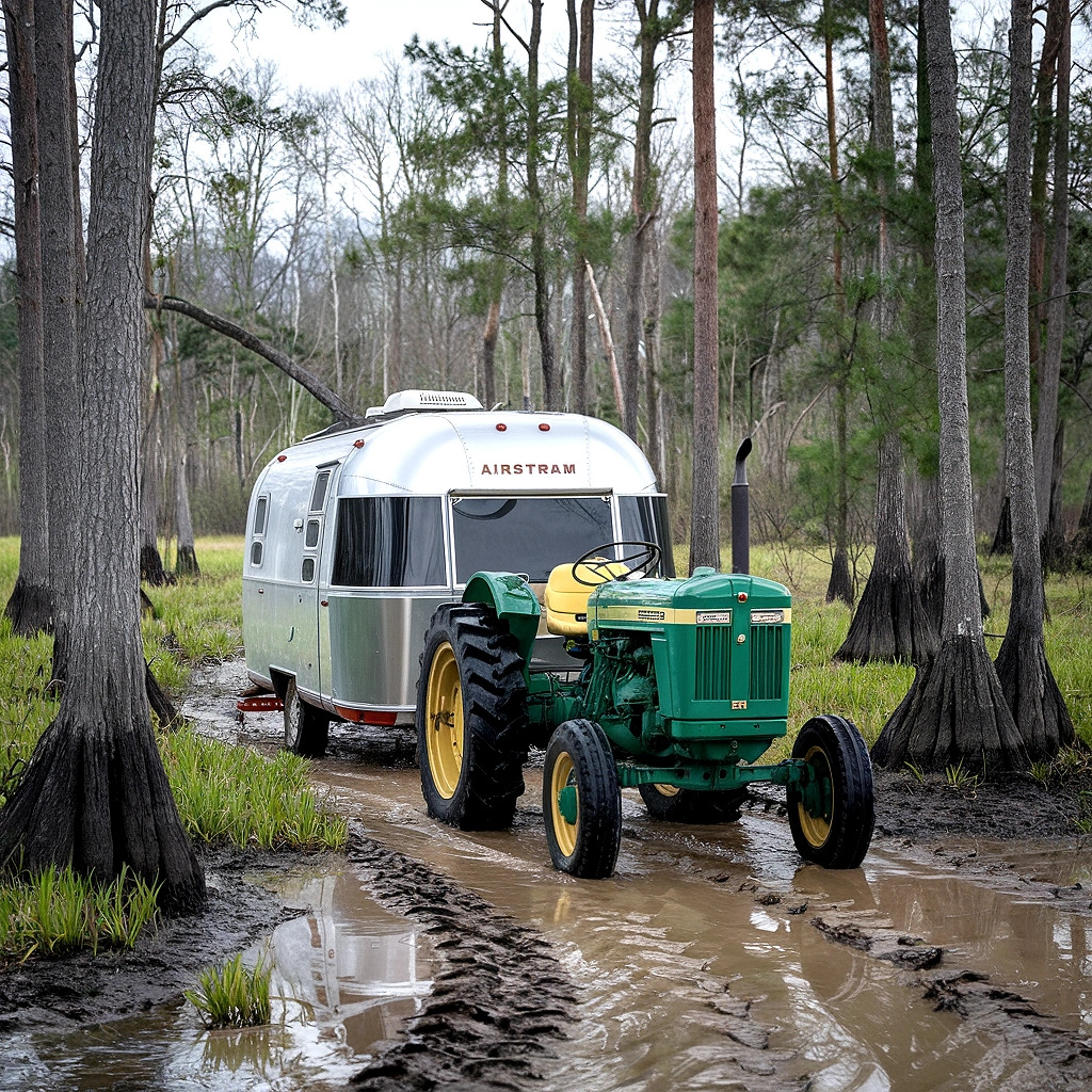 Tractor and Airstream in Swamp